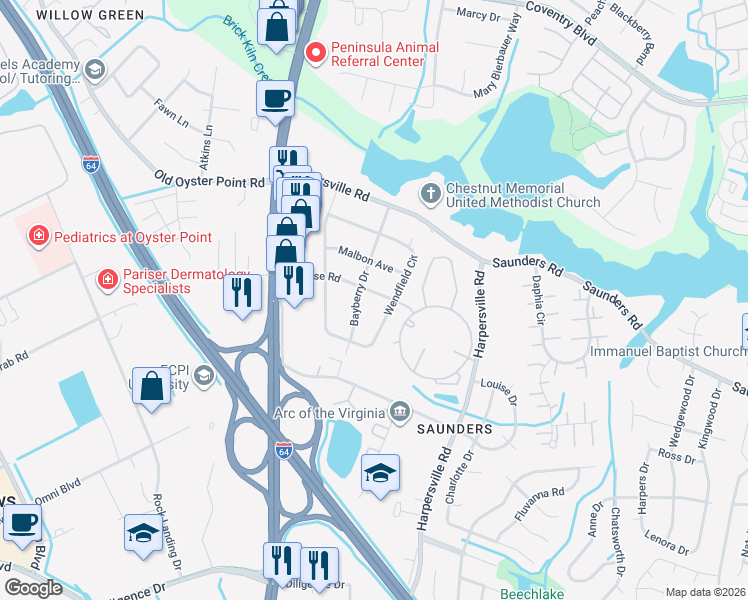 map of restaurants, bars, coffee shops, grocery stores, and more near 105 Bayberry Drive in Newport News