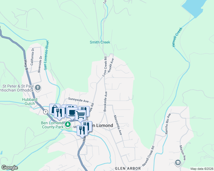 map of restaurants, bars, coffee shops, grocery stores, and more near 115 Tennyson Avenue in Ben Lomond