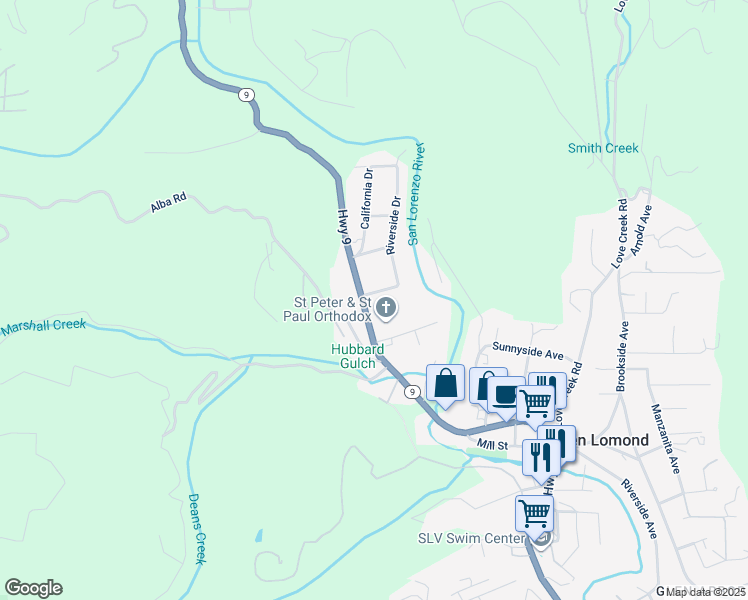 map of restaurants, bars, coffee shops, grocery stores, and more near 156 Jacobson Lane in Ben Lomond