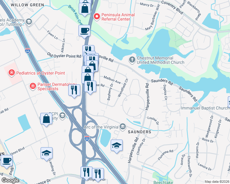 map of restaurants, bars, coffee shops, grocery stores, and more near 105 Bayberry Drive in Newport News