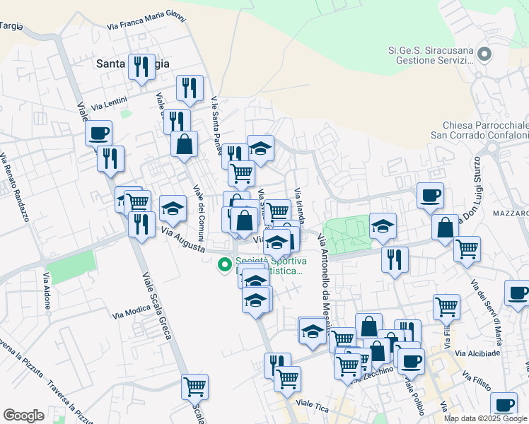 map of restaurants, bars, coffee shops, grocery stores, and more near 9 Via Lussemburgo in Siracusa