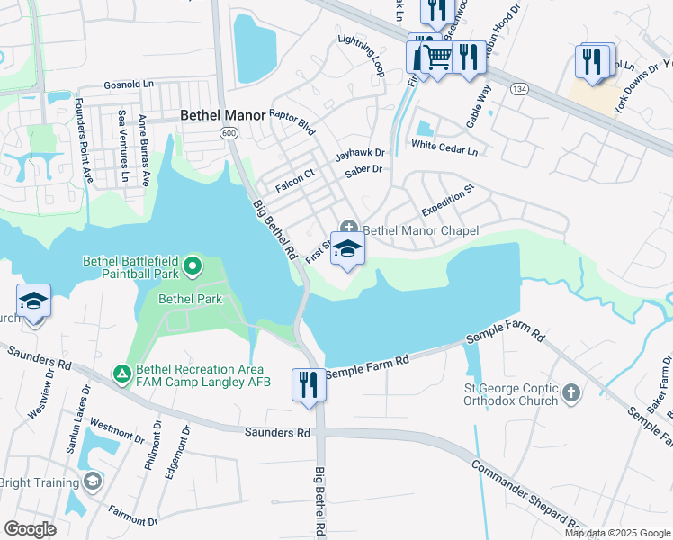 map of restaurants, bars, coffee shops, grocery stores, and more near 1797 1st Street in Hampton