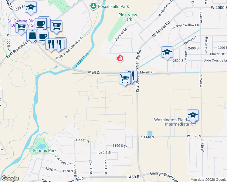 map of restaurants, bars, coffee shops, grocery stores, and more near 836 South Black Alder Drive in St. George