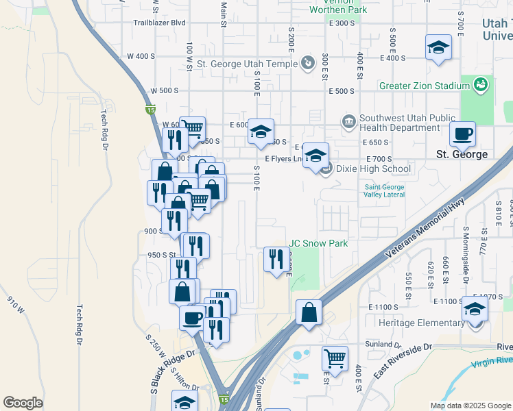 map of restaurants, bars, coffee shops, grocery stores, and more near 825 South 100 East in St. George