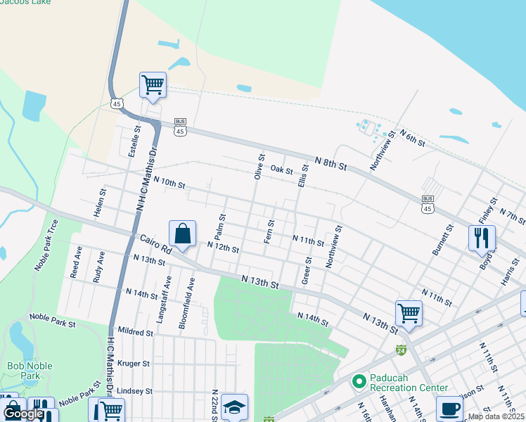 map of restaurants, bars, coffee shops, grocery stores, and more near 1600-1698 North 11th Street in Paducah