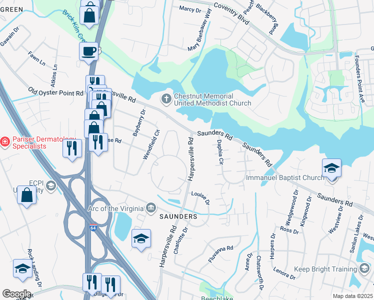 map of restaurants, bars, coffee shops, grocery stores, and more near 973 Harpersville Road in Newport News