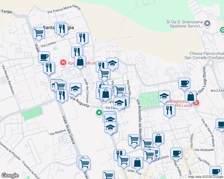 map of restaurants, bars, coffee shops, grocery stores, and more near 30 Via Principato di Monaco in Siracusa