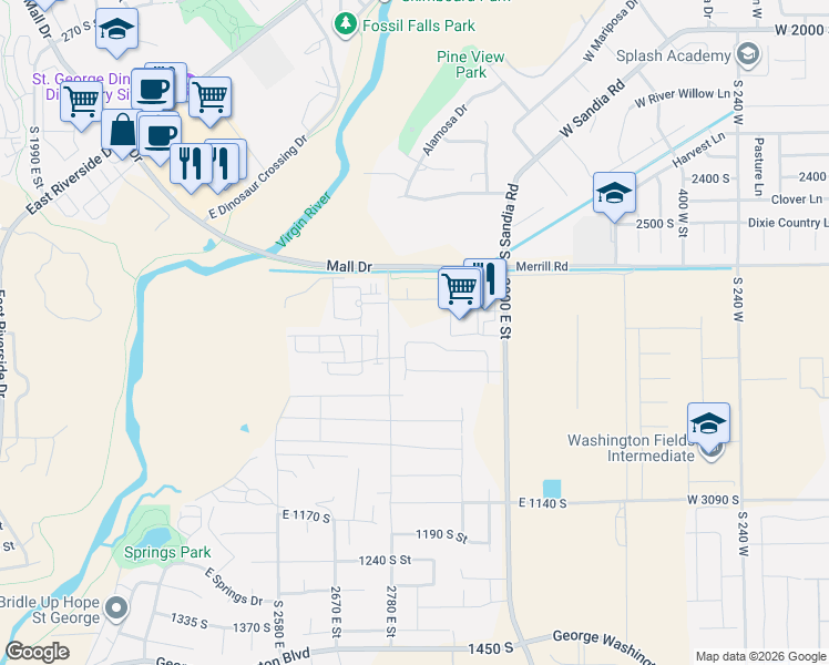 map of restaurants, bars, coffee shops, grocery stores, and more near 836 South Black Alder Drive in St. George
