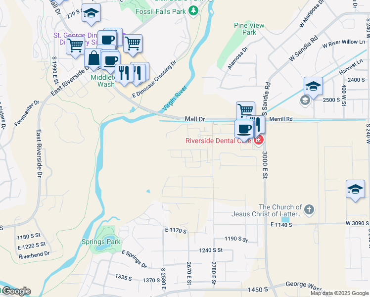 map of restaurants, bars, coffee shops, grocery stores, and more near South Mall Drive in St. George
