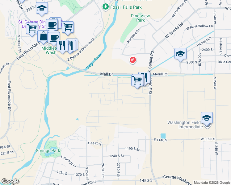 map of restaurants, bars, coffee shops, grocery stores, and more near 628 South 3000 East in St. George