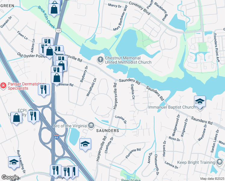map of restaurants, bars, coffee shops, grocery stores, and more near 973 Harpersville Road in Newport News