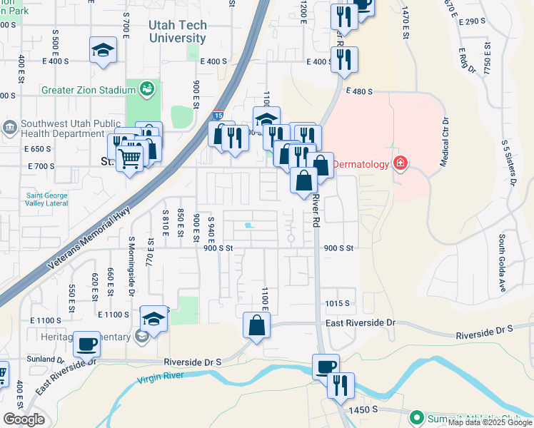 map of restaurants, bars, coffee shops, grocery stores, and more near 1055 East 900 South in St. George