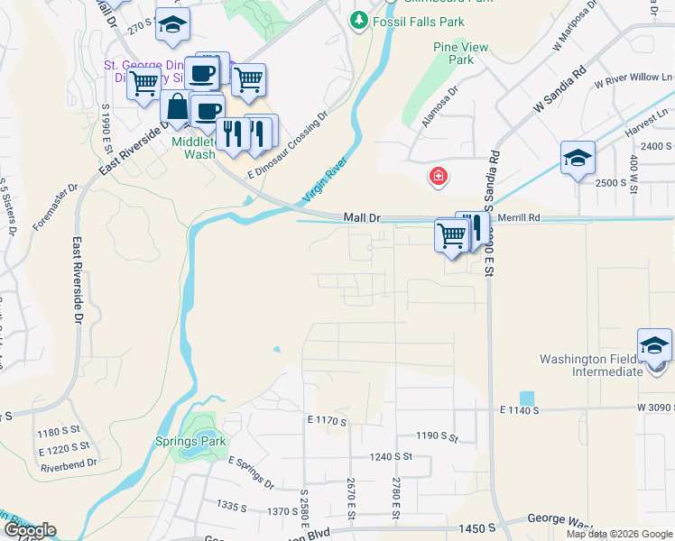 map of restaurants, bars, coffee shops, grocery stores, and more near 1201 S 2580 E in St George