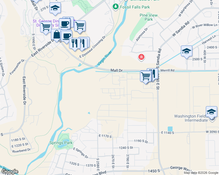 map of restaurants, bars, coffee shops, grocery stores, and more near South Mall Drive in St. George