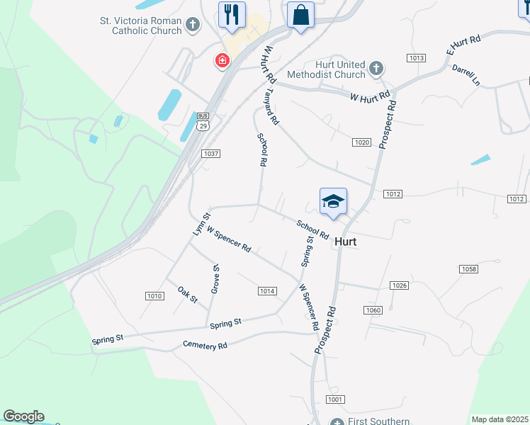 map of restaurants, bars, coffee shops, grocery stores, and more near 217 School Road in Hurt