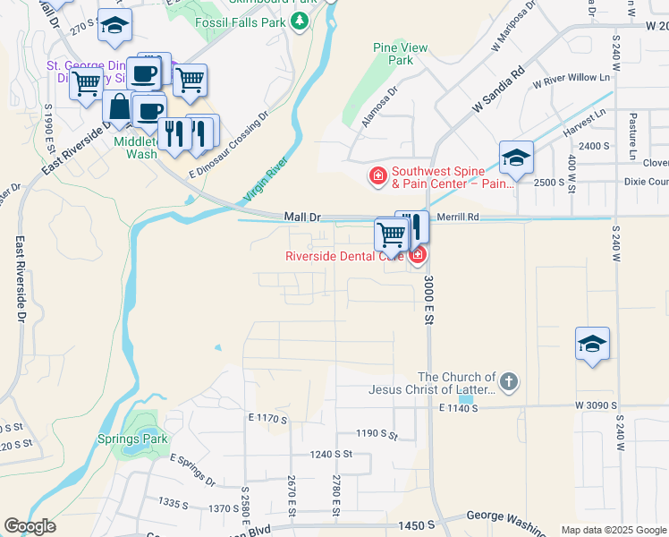 map of restaurants, bars, coffee shops, grocery stores, and more near 1864 2780 East Street in Saint George