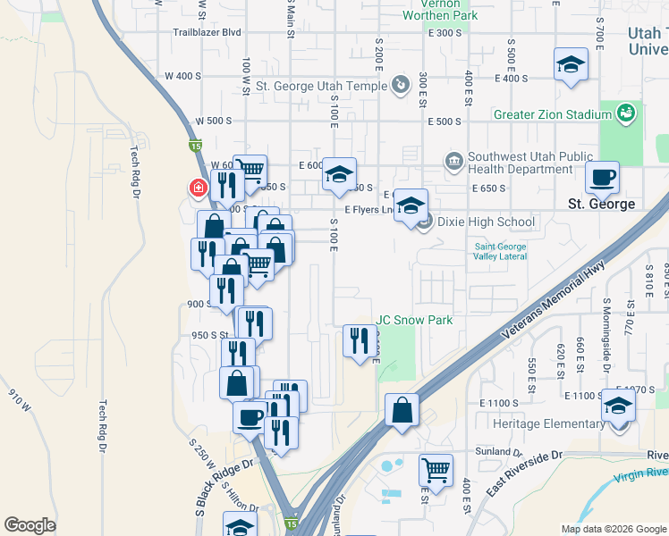 map of restaurants, bars, coffee shops, grocery stores, and more near 825 South 100 East in St. George
