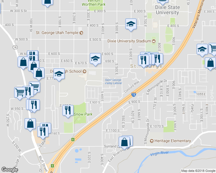 map of restaurants, bars, coffee shops, grocery stores, and more near 435 East 840 South Circle in St. George