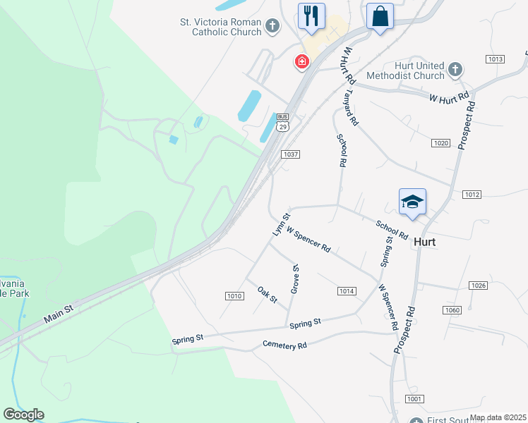 map of restaurants, bars, coffee shops, grocery stores, and more near 309 West Spencer Road in Hurt