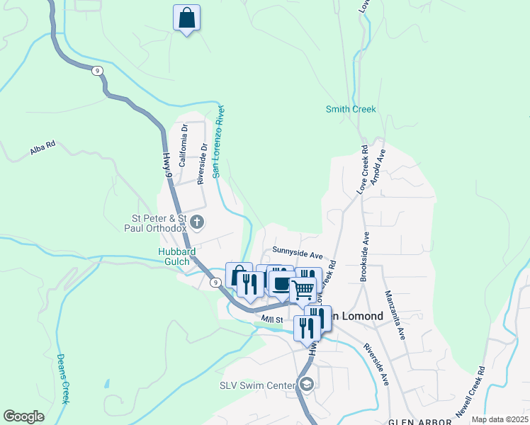 map of restaurants, bars, coffee shops, grocery stores, and more near 400 North Street in Ben Lomond