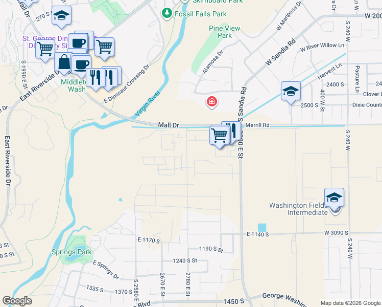 map of restaurants, bars, coffee shops, grocery stores, and more near 836 South Black Alder Drive in St. George