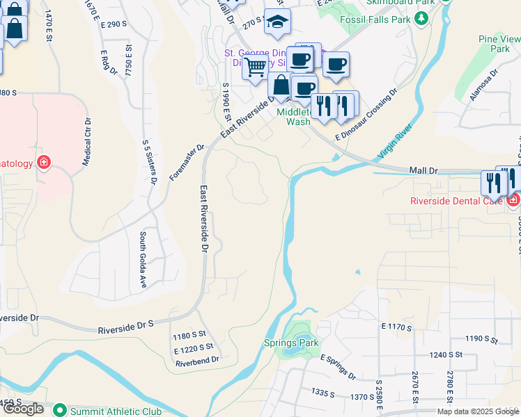 map of restaurants, bars, coffee shops, grocery stores, and more near 2012 East Riverside Drive in St. George