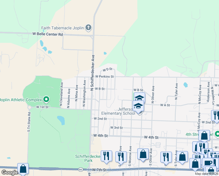 map of restaurants, bars, coffee shops, grocery stores, and more near 224 North Maple Avenue in Joplin