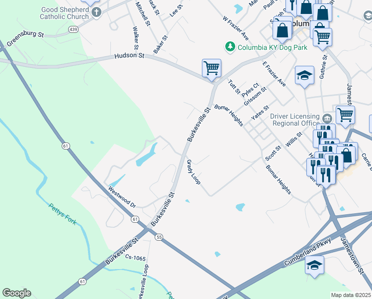 map of restaurants, bars, coffee shops, grocery stores, and more near Burkesville Street in Columbia