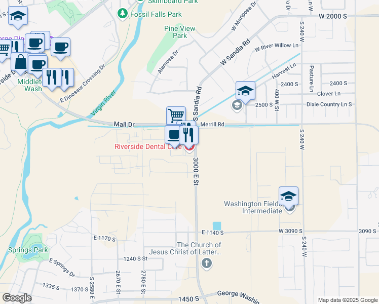 map of restaurants, bars, coffee shops, grocery stores, and more near 628 South 3000 East in Washington