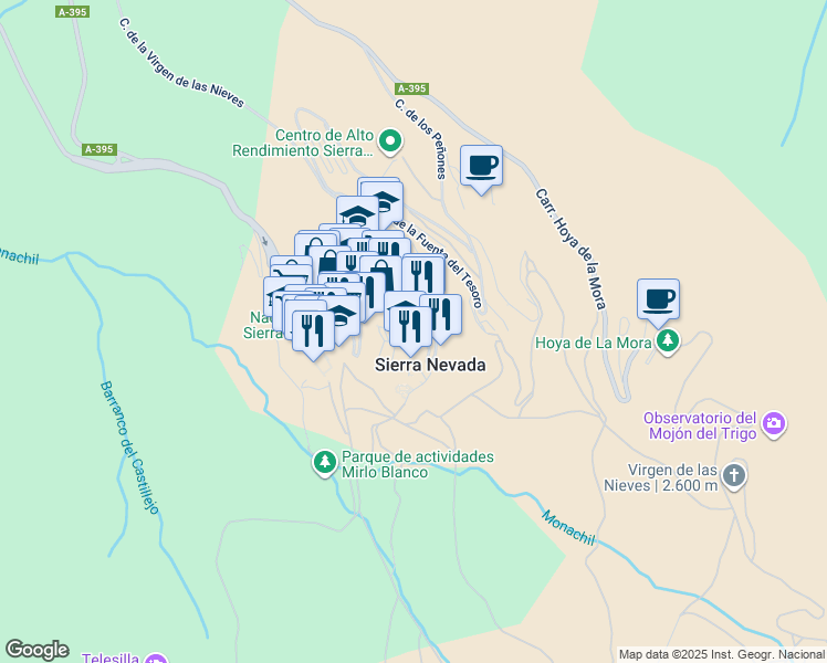 map of restaurants, bars, coffee shops, grocery stores, and more near 9 Calle de la Virgen de las Nieves in Monachil