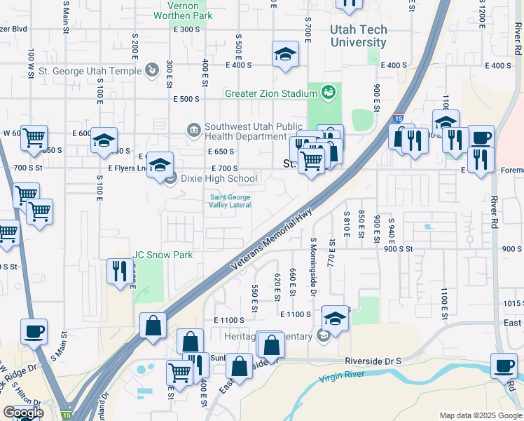 map of restaurants, bars, coffee shops, grocery stores, and more near 816 South 600 East Circle in St. George