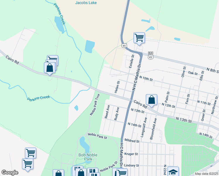map of restaurants, bars, coffee shops, grocery stores, and more near 2519 Maple Avenue in Paducah