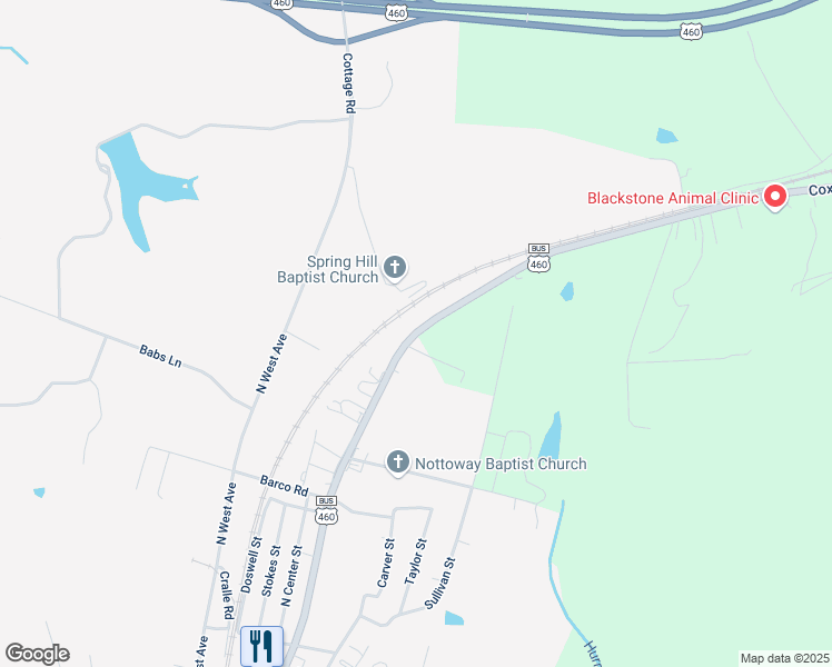 map of restaurants, bars, coffee shops, grocery stores, and more near 822 Cox Road in Blackstone