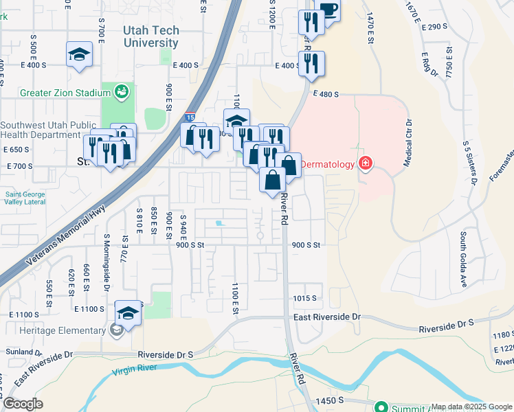 map of restaurants, bars, coffee shops, grocery stores, and more near 1090 East 700 South in St. George