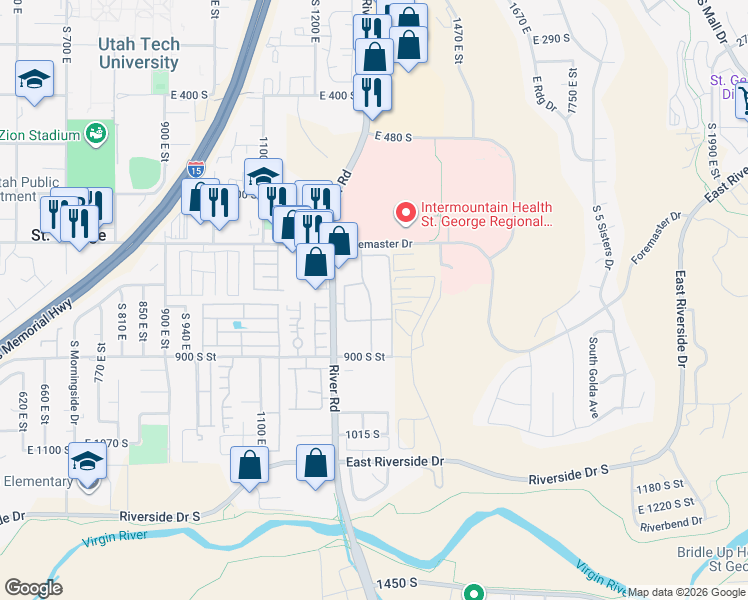 map of restaurants, bars, coffee shops, grocery stores, and more near South River Road in St. George