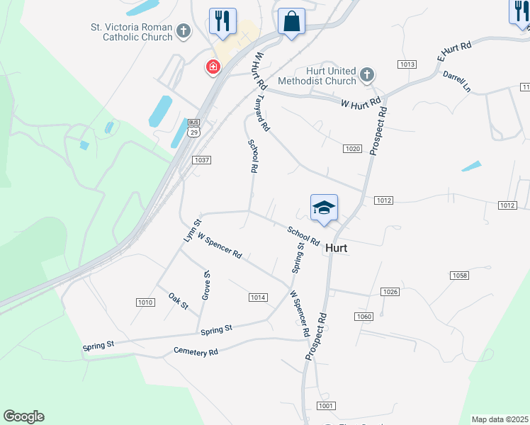 map of restaurants, bars, coffee shops, grocery stores, and more near 214 School Road in Hurt