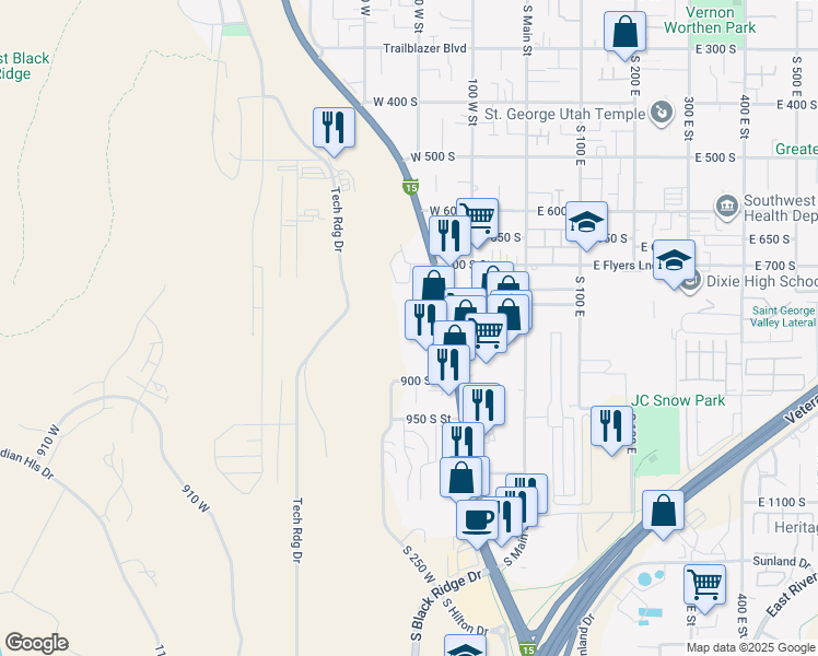 map of restaurants, bars, coffee shops, grocery stores, and more near 800 West in St. George