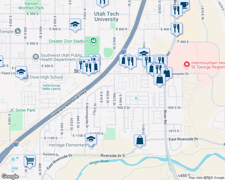 map of restaurants, bars, coffee shops, grocery stores, and more near 863 East Morningside Drive in St. George