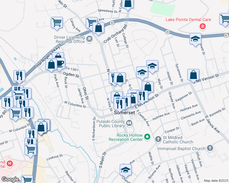 map of restaurants, bars, coffee shops, grocery stores, and more near 200 North Main Street in Somerset