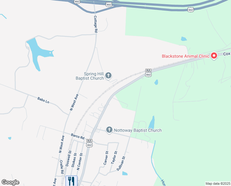 map of restaurants, bars, coffee shops, grocery stores, and more near 822 Cox Road in Blackstone