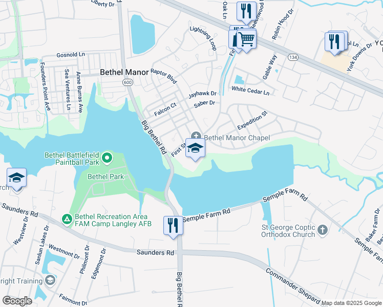 map of restaurants, bars, coffee shops, grocery stores, and more near 1797 First Street in Hampton