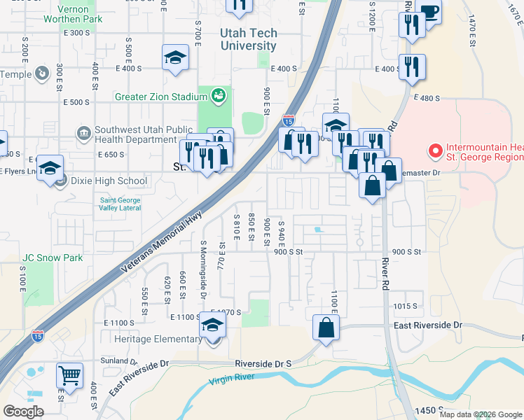 map of restaurants, bars, coffee shops, grocery stores, and more near 863 East Morningside Drive in St. George