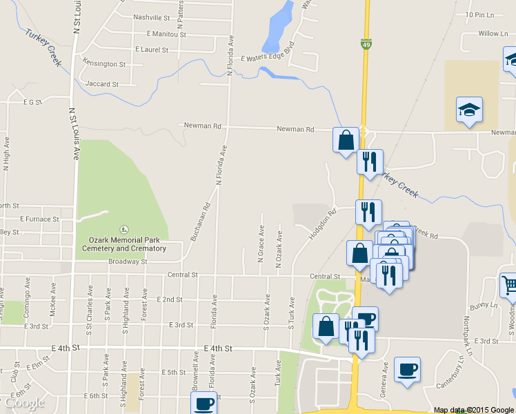 map of restaurants, bars, coffee shops, grocery stores, and more near 330 North Grace Avenue in Joplin