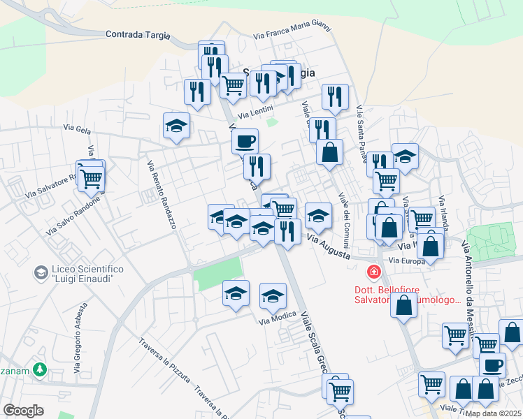map of restaurants, bars, coffee shops, grocery stores, and more near 4 Via Mineo in Siracusa