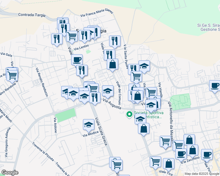 map of restaurants, bars, coffee shops, grocery stores, and more near 71 Via Paternò in Siracusa