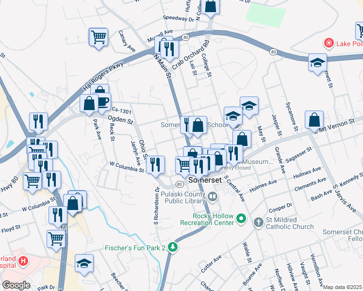 map of restaurants, bars, coffee shops, grocery stores, and more near 200 North Main Street in Somerset
