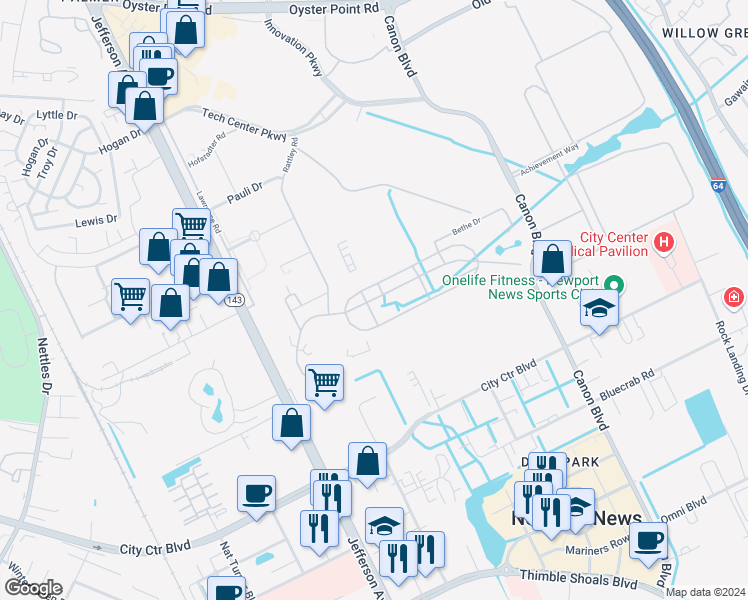 map of restaurants, bars, coffee shops, grocery stores, and more near 12000 Jefferson Avenue in Newport News