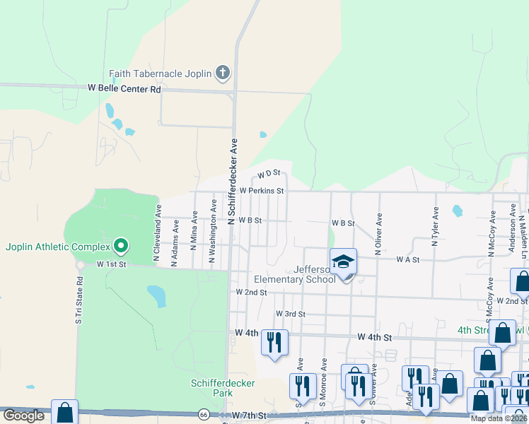 map of restaurants, bars, coffee shops, grocery stores, and more near 326 N Maple Ave in Joplin