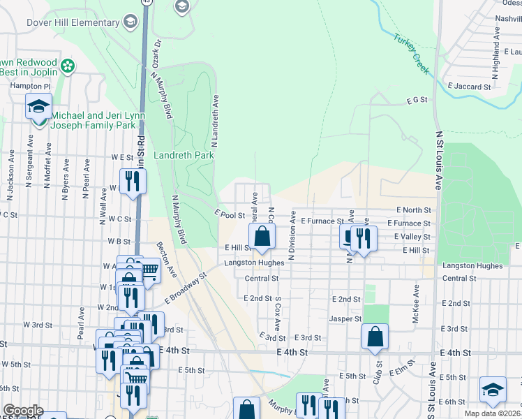 map of restaurants, bars, coffee shops, grocery stores, and more near 504 North Mineral Avenue in Joplin