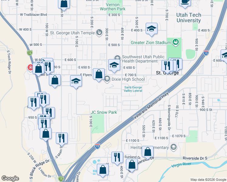 map of restaurants, bars, coffee shops, grocery stores, and more near 822 South 400 East in St. George